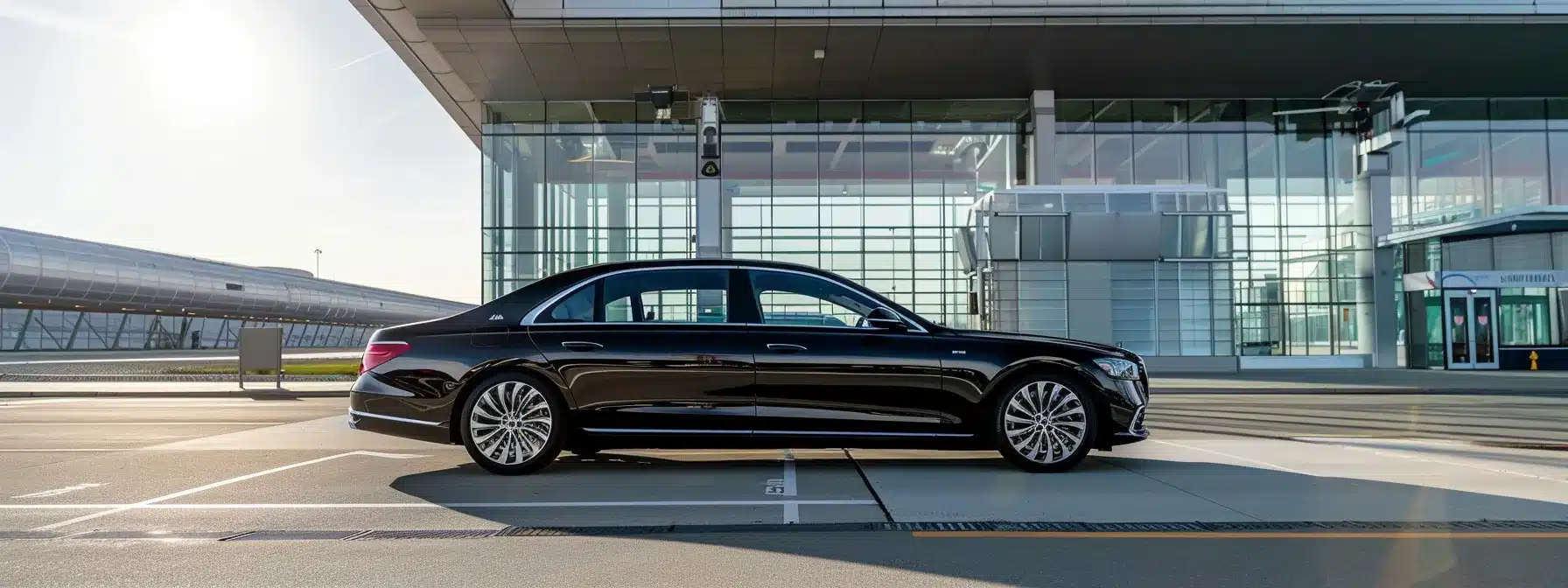 a sleek black luxury vehicle waiting outside cleveland hopkins international airport, ready to transport passengers with efficiency and comfort.