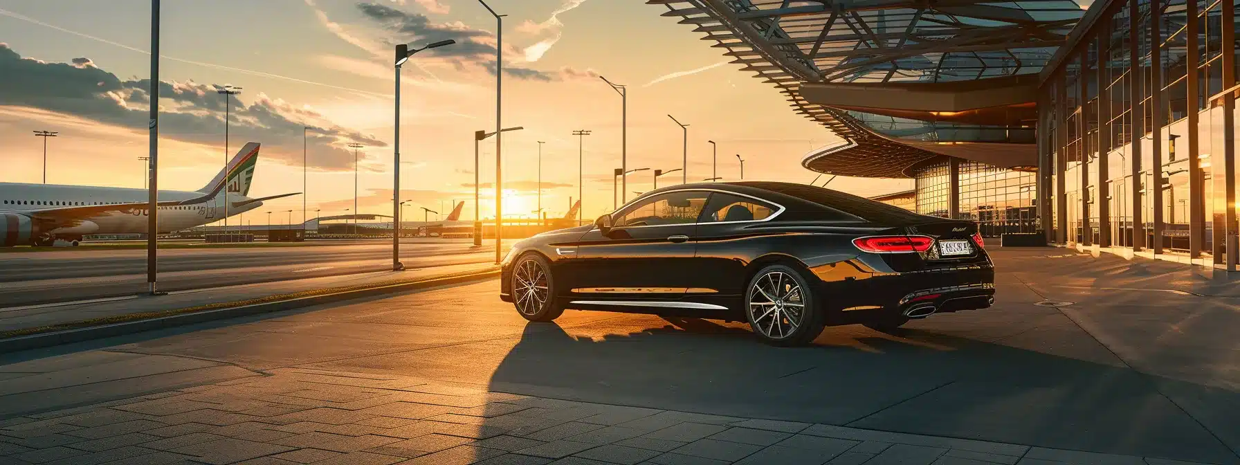 a sleek black luxury car waits outside an airport terminal, ready to pick up passengers for a private transfer in cleveland.