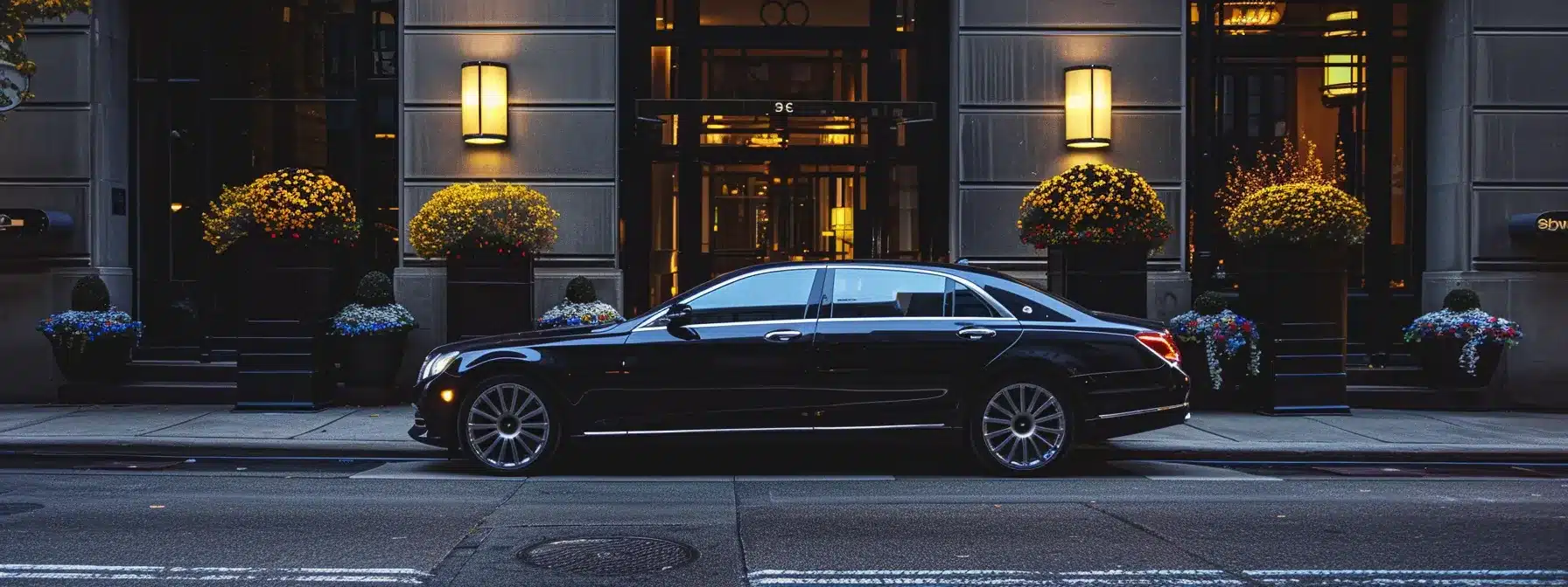 a luxurious black car with tinted windows parked in front of a high-end hotel in downtown cleveland, showcasing the top private transfer providers in the city.