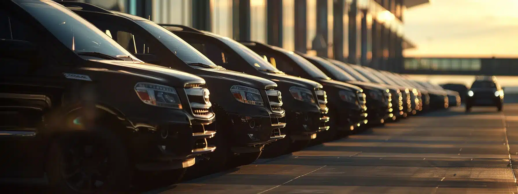 a row of sleek, black private airport transfer vehicles lined up outside a cleveland airport terminal, ready to whisk travelers off to their destinations.