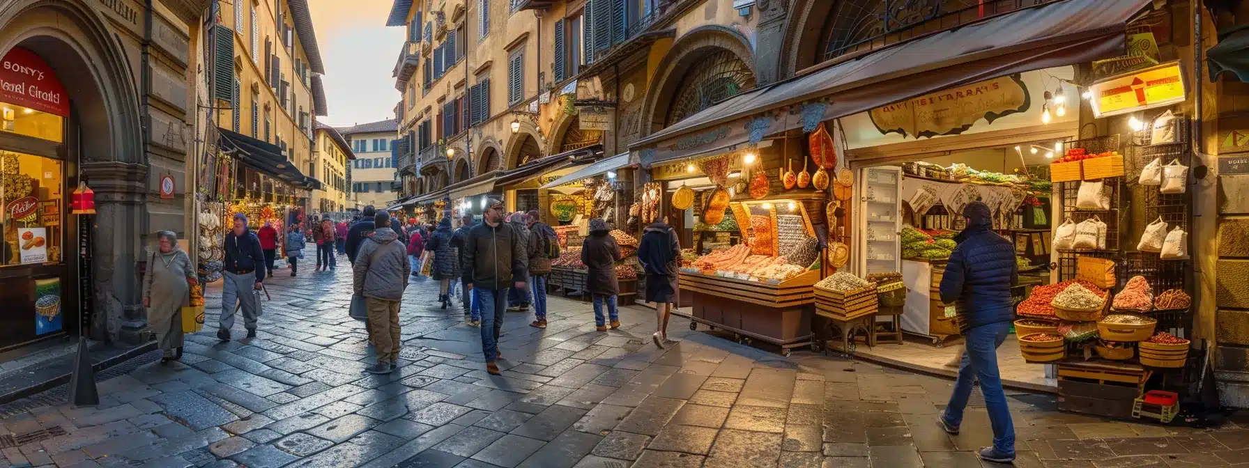 a vibrant, bustling florentine marketplace filled with an array of colorful local delicacies, where passionate chefs guide eager visitors through an authentic culinary journey, highlighting sumptuous meats and exquisite chianti wines amidst the rich ambiance of florence's historic architecture.