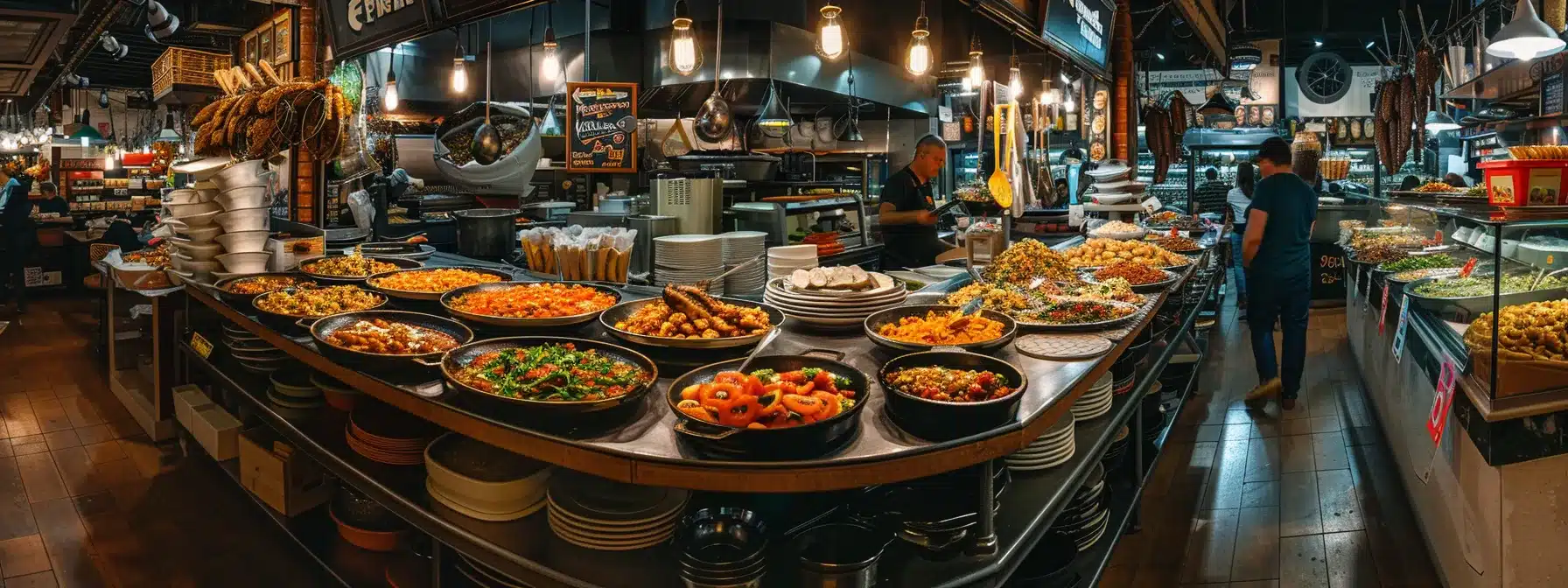 a vibrant indoor food market in florence showcases a diverse spread of traditional italian dishes, artfully arranged to highlight options for various dietary needs, including colorful vegetarian platters and gluten-free delicacies, all under warm, inviting lighting.