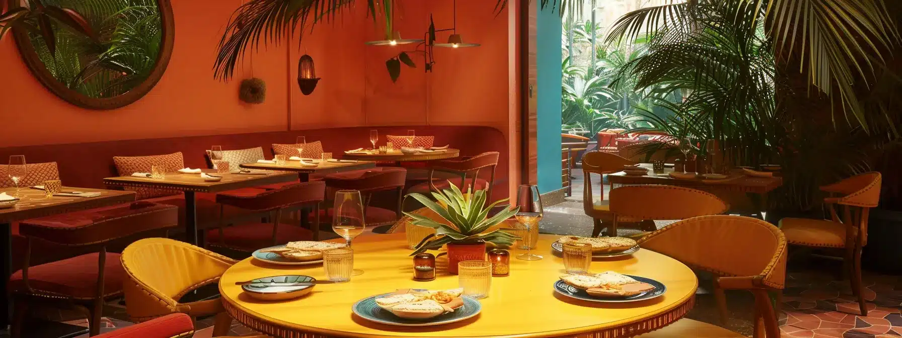 a vibrant, elegantly set table in a stylish urban restaurant showcases beautifully plated gluten-free pasta and dairy-free gelato, highlighting a delightful culinary experience tailored for dietary preferences.