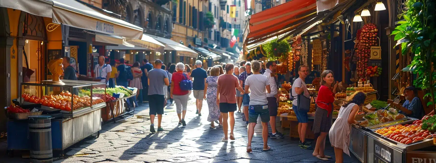 a vibrant street scene in florence showcases travelers enthusiastically engaging with a knowledgeable local guide, surrounded by an array of exquisite food options, emphasizing a seamless exploration for individuals with dietary restrictions.
