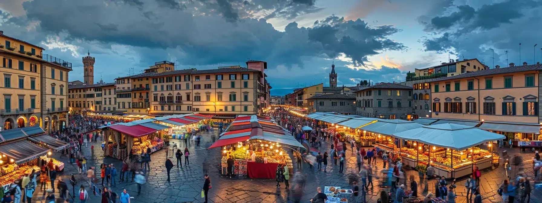 a vibrant bustling florentine market filled with colorful food stalls, showcasing delicacies and enthusiastic travelers engaged in lively discussions, illuminated by warm overhead lights that enhance the rich cultural atmosphere.