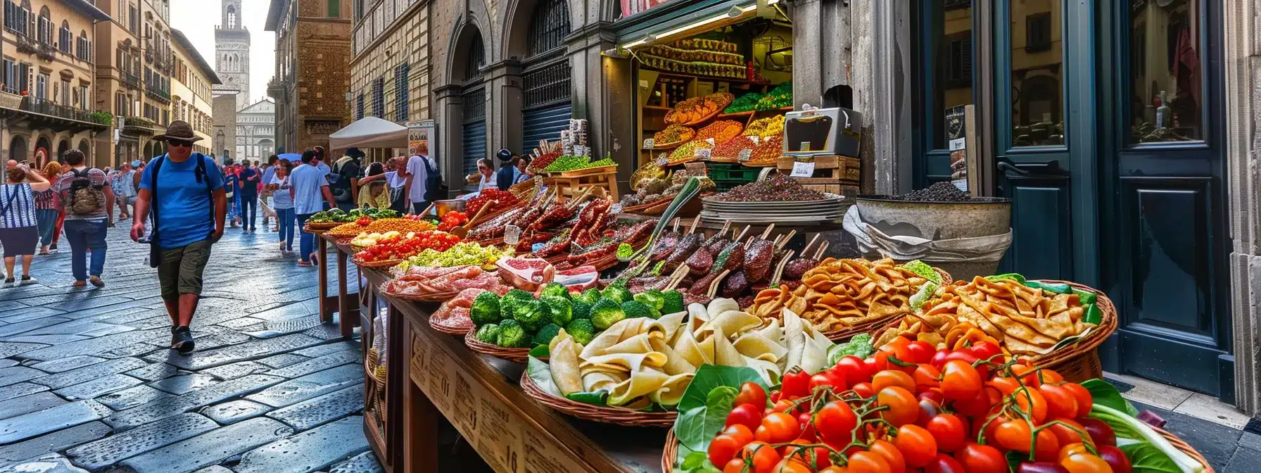 a vibrant street scene in florence showcases a bustling food tour, with a wooden table laden with elegantly presented bistecca alla fiorentina and colorful plates of lampredotto, pappa al pomodoro, ribollita, and crostini toscani, all set against the intricate backdrop of the majestic palazzo vecchio and florence cathedral.