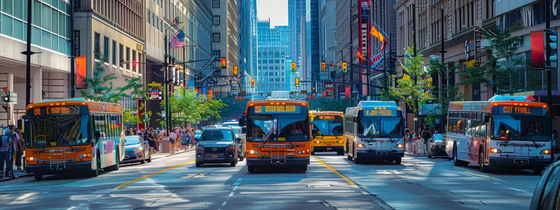 a bustling city street in cleveland with colorful buses, bikes, and pedestrians, showcasing various affordable transportation options.