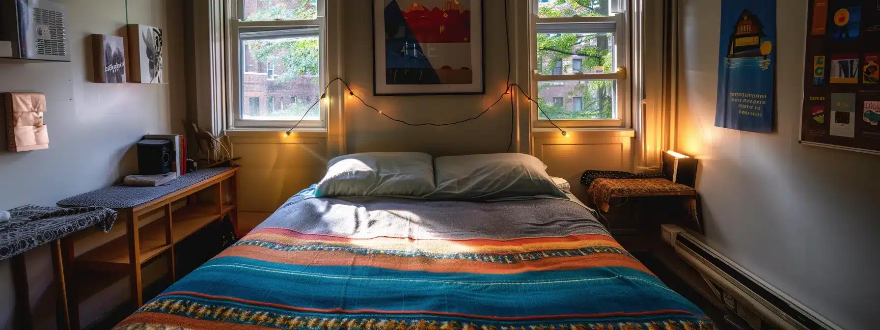 a cozy hostel room in cleveland with colorful bedding and a welcoming atmosphere, offering an affordable and comfortable lodging option for budget-conscious travelers.