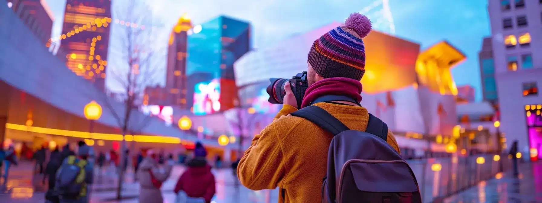 a tourist holding a city pass with vibrant attractions in the background, showcasing the savings and discounts available in cleveland.