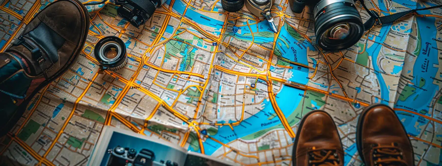 vibrant city map with highlighted walking tour routes, surrounded by walking shoes, a camera, and a travel guidebook for planning a premier guided walking tour in cleveland.