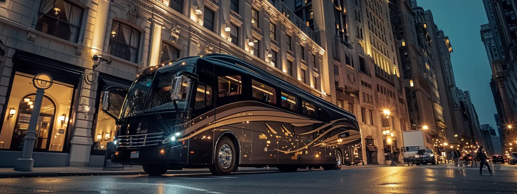 luxurious tour bus parked in front of tower city center, with elegant architecture and bustling city streets in the background.