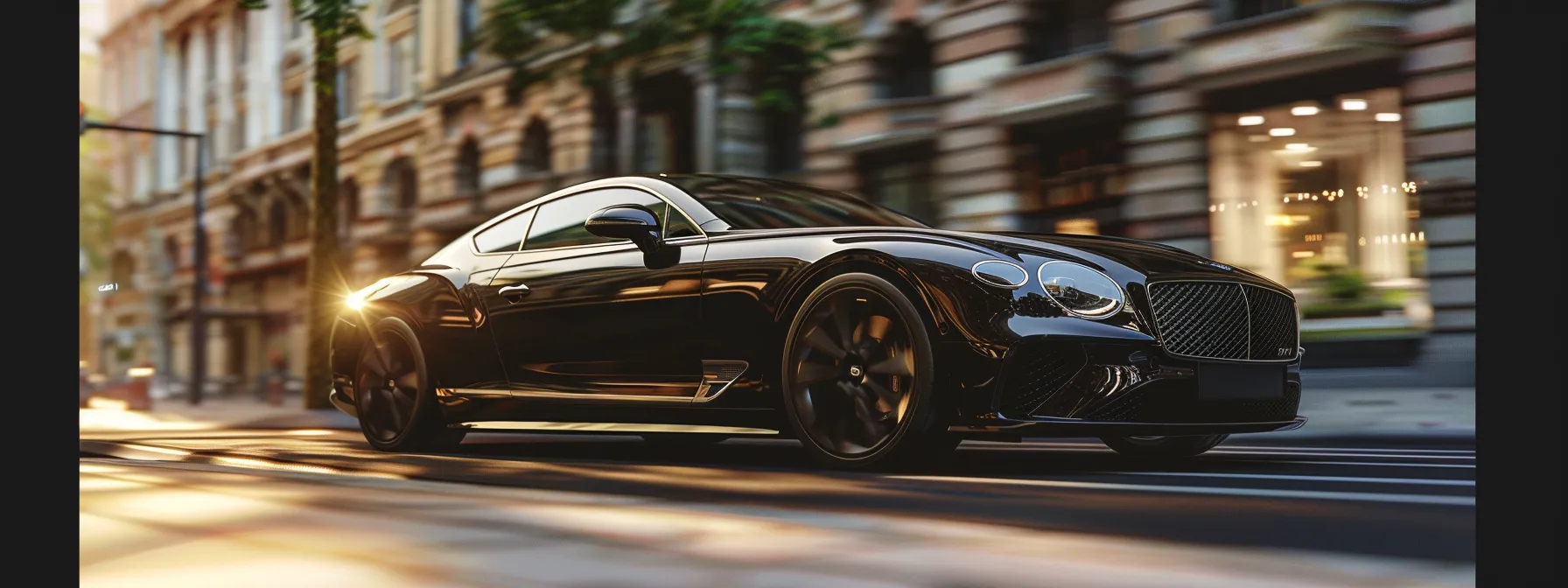 a sleek, black luxury vehicle with tinted windows and shiny rims cruising through the city streets.