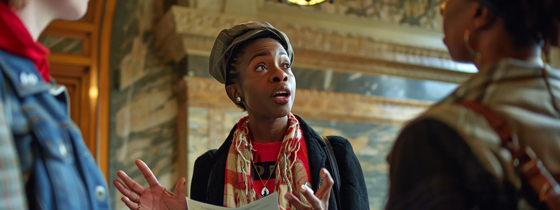 a professional tour guide passionately narrates the rich history of cleveland to captivated guests on a luxury city tour.