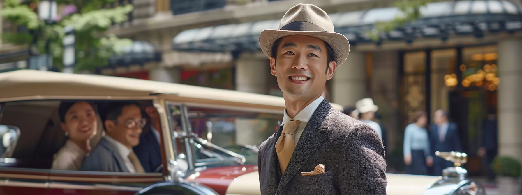 a luxurious tour guide standing in front of a vintage luxury car, showcasing a personalized itinerary to a group of excited travelers.