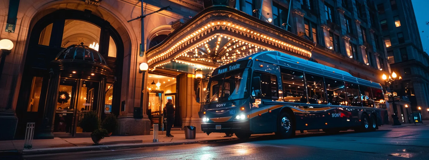 a luxurious tour bus parked in front of a grand hotel, ready to embark on an elegant cleveland city tour.