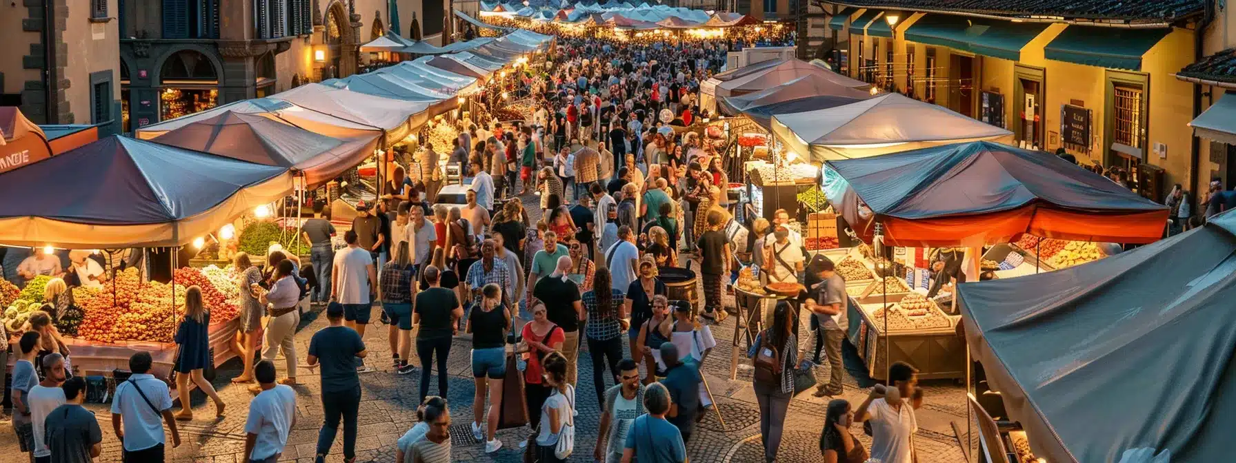 a bustling florentine food festival unfolds in an urban square, vibrant stalls adorned with colorful local produce and exquisite culinary delights, as excited visitors sample rich vin santo and traditional dishes, enveloped in the lively atmosphere of seasonal celebrations.