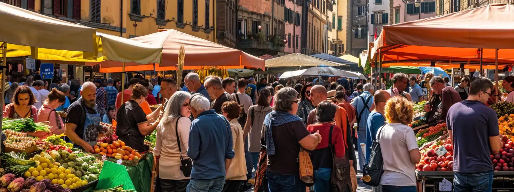 a bustling food festival scene in florence captures colorful stalls overflowing with artichokes and asparagus, surrounded by eager attendees savoring chianti classico wines amid a vibrant atmosphere of culinary celebration.