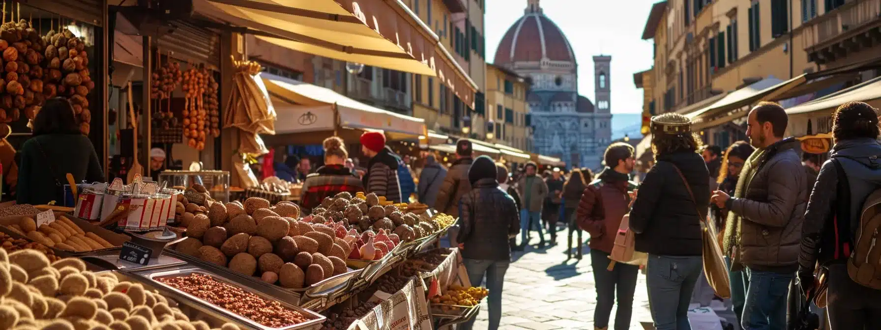a bustling tuscan food festival scene features vibrant stalls adorned with rich white truffles, freshly roasted chestnuts, and artisanal olive oil, all set against the sun-drenched backdrop of historic florence, capturing the essence of autumnal culinary celebration.
