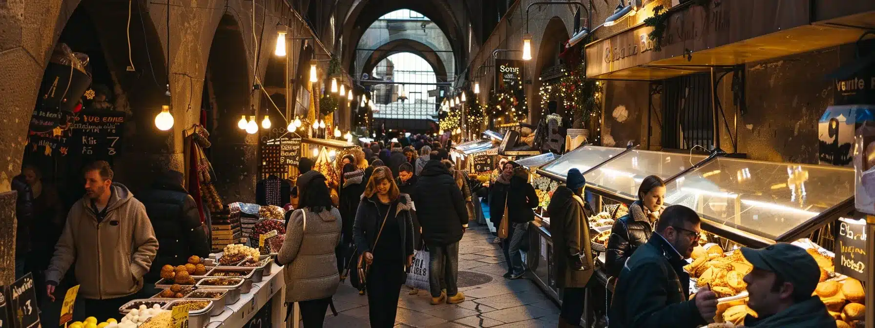 a bustling indoor florence winter food festival showcases vibrant stalls adorned with festive decorations, brimming with hearty polenta, ribollita, and tantalizing sweet treats, while enthusiastic visitors engage in lively wine tasting amidst the warm ambiance.