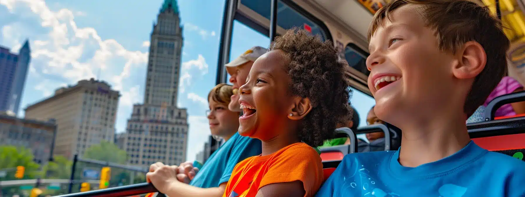 vibrant family-friendly bus tour in cleveland with smiling kids and parents exploring the city's landmarks.