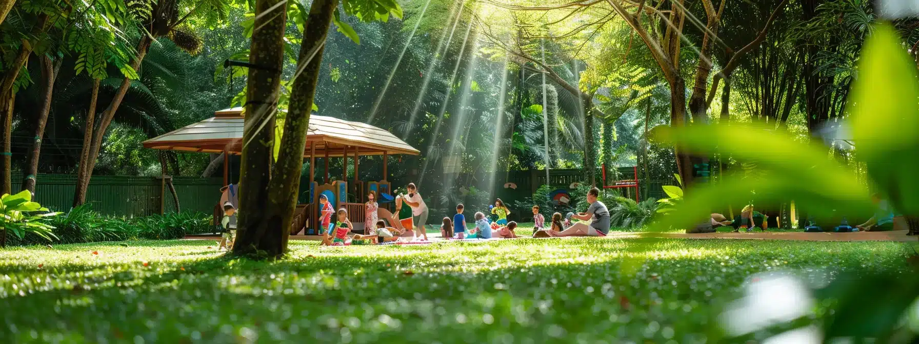 a family picnicking in a vibrant park surrounded by lush greenery while children play on colorful playground equipment.