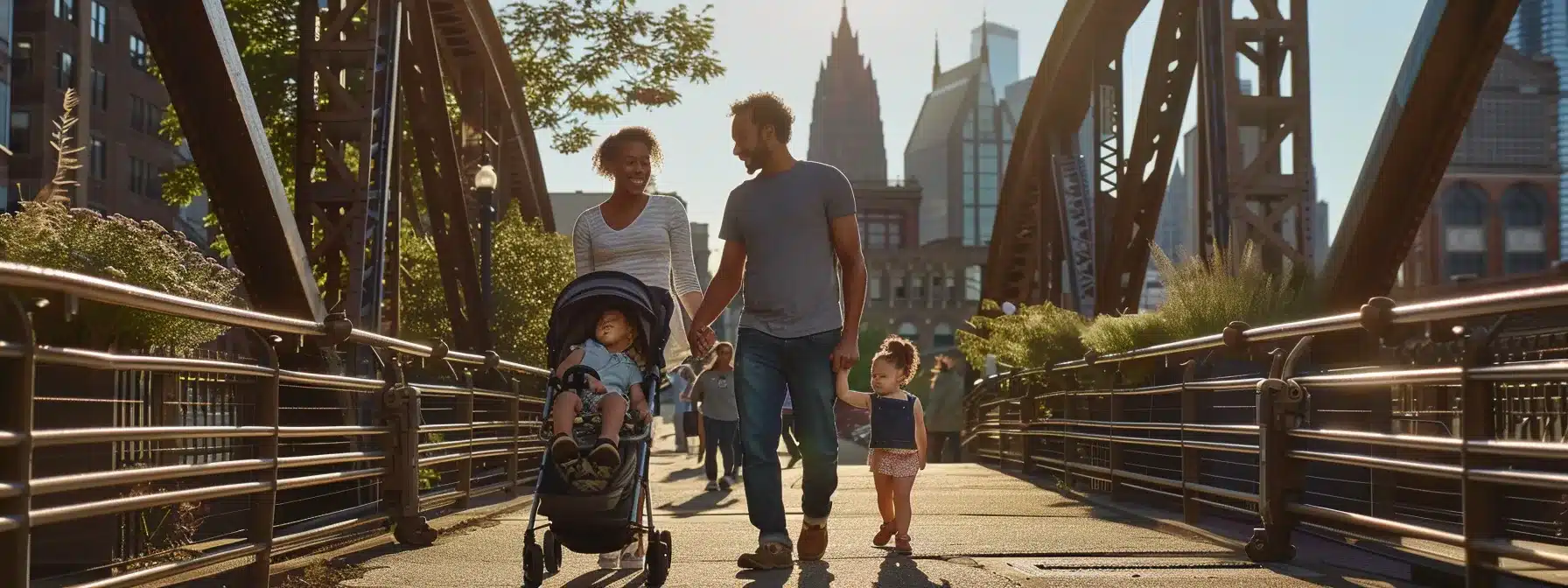a family happily exploring cleveland's landmarks without the crowds, equipped with strollers and essential items for a stress-free adventure.