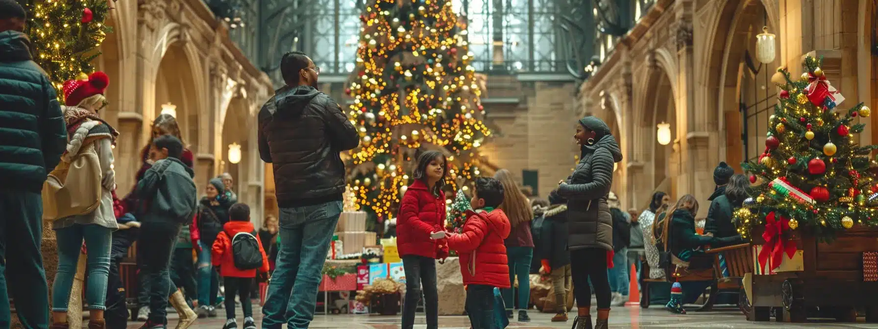 a diverse group of families enjoying a holiday-themed tour in cleveland, with children participating in interactive workshops and parents exploring local festivals.