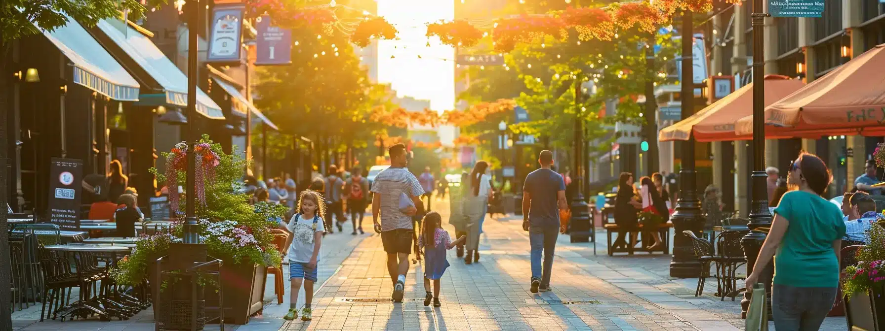 a joyful family exploring cleveland's vibrant streets, with colorful restaurants and cafes lining the bustling sidewalks, while the sun sets in the background.