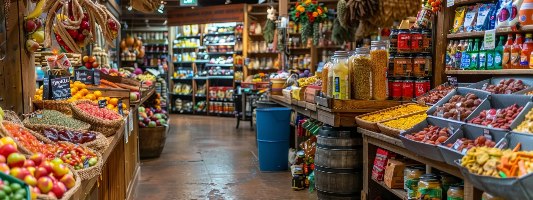a bustling marketplace filled with colorful displays of fresh produce, dried fruit, and specialty items, with the great lakes brewing company stand in the background.