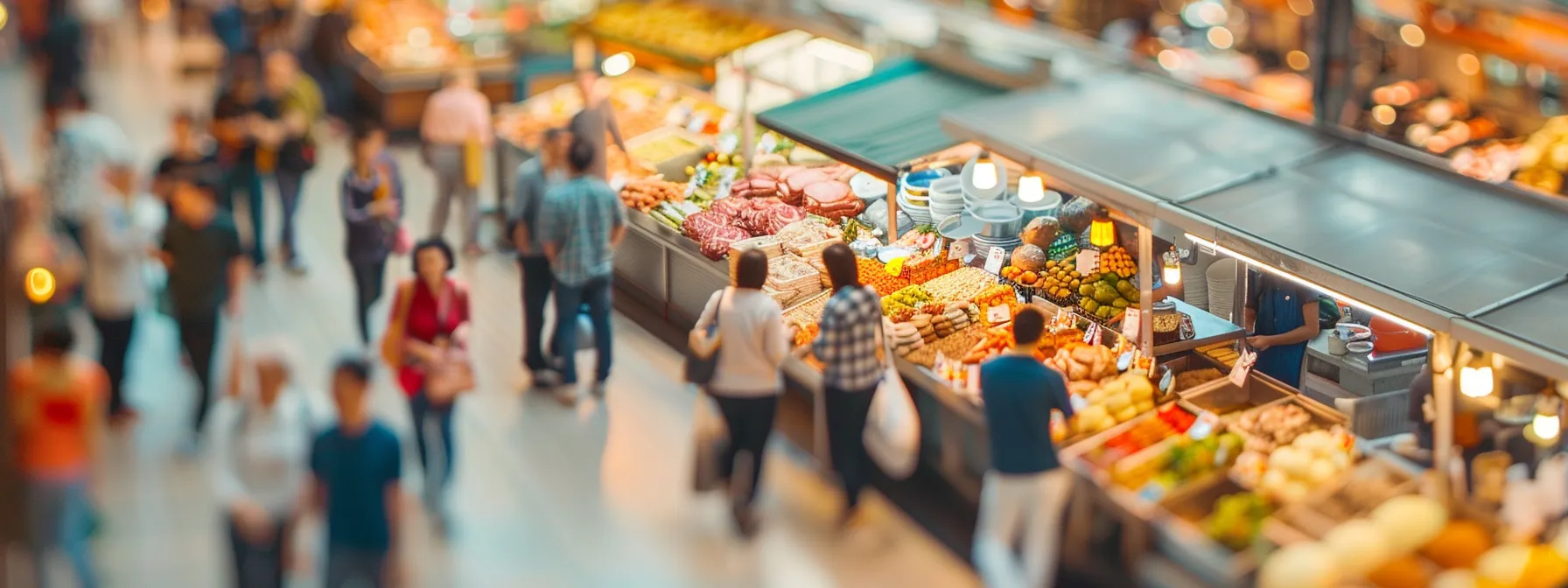 a bustling market scene filled with colorful food stalls showcasing gourmet meats, artisanal cheeses, and fresh local produce, creating a vibrant and diverse culinary atmosphere.