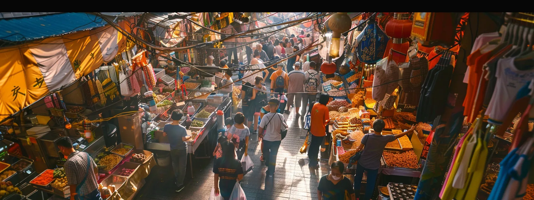 a bustling marketplace filled with colorful stalls and diverse vendors, creating a vibrant and dynamic atmosphere for visitors to explore.