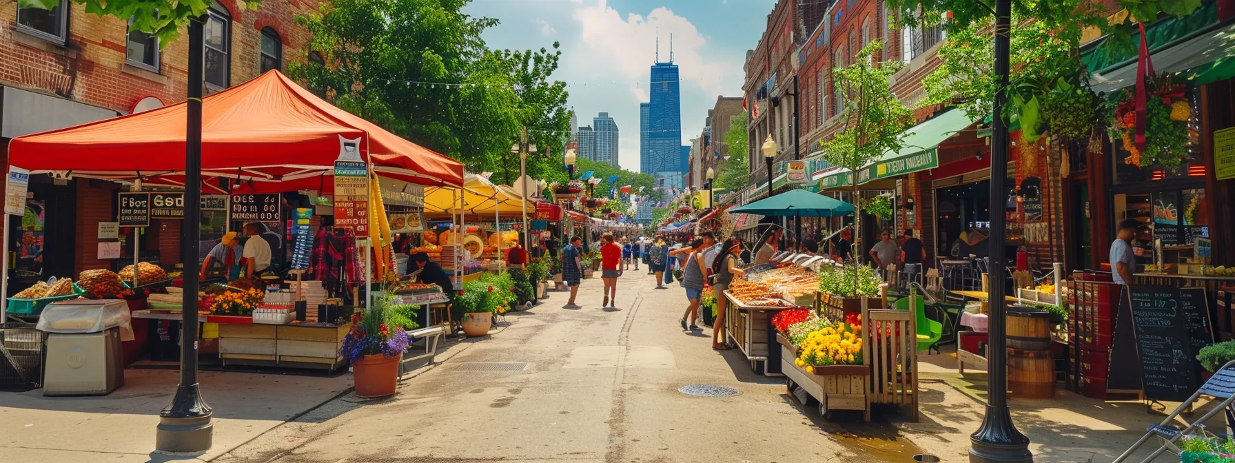 a bustling market street lined with diverse food stalls and colorful outdoor dining areas, showcasing the vibrant culinary offerings at the west side market.