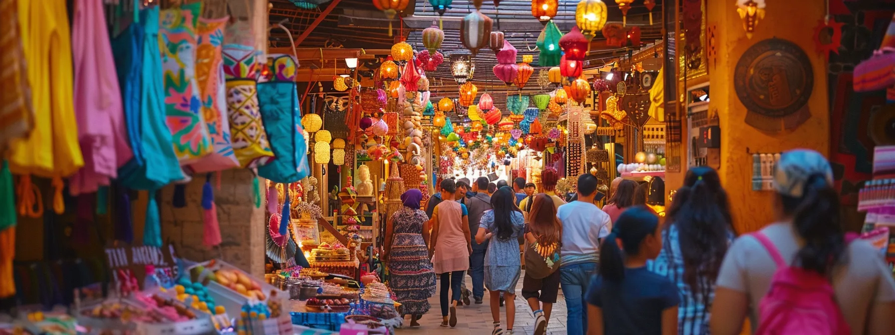 vibrant market scene with colorful festival decorations, live music, and interactive cooking demonstrations creating a lively and engaging environment for visitors.