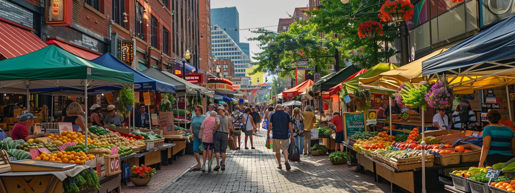a bustling market street in cleveland filled with diverse vendors, colorful produce stands, and curious visitors exploring the local offerings.