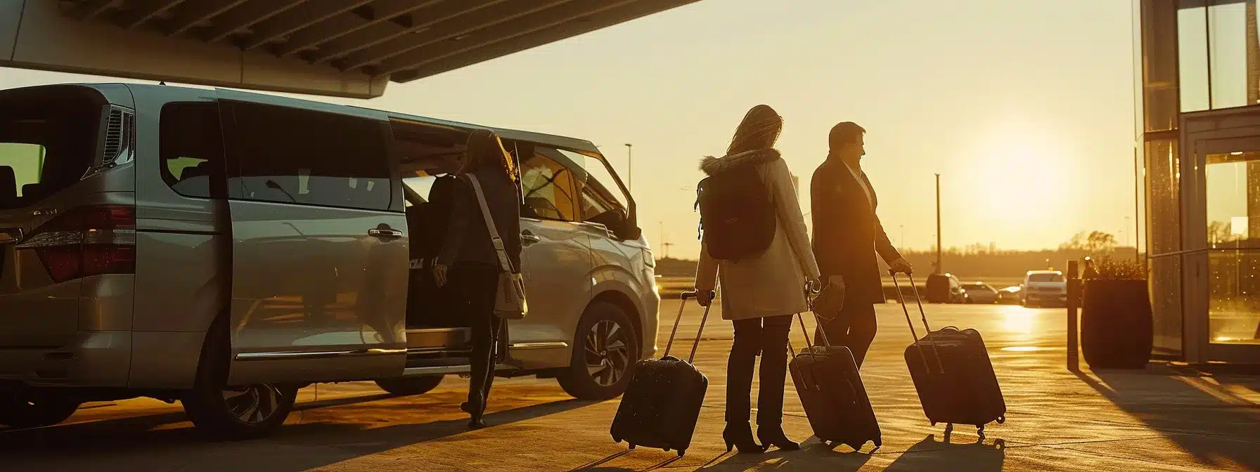 a group of travelers standing beside a spacious, modern airport transfer vehicle, discussing their luggage requirements and comparing costs with the help of a travel agent from a cleveland travel agency.