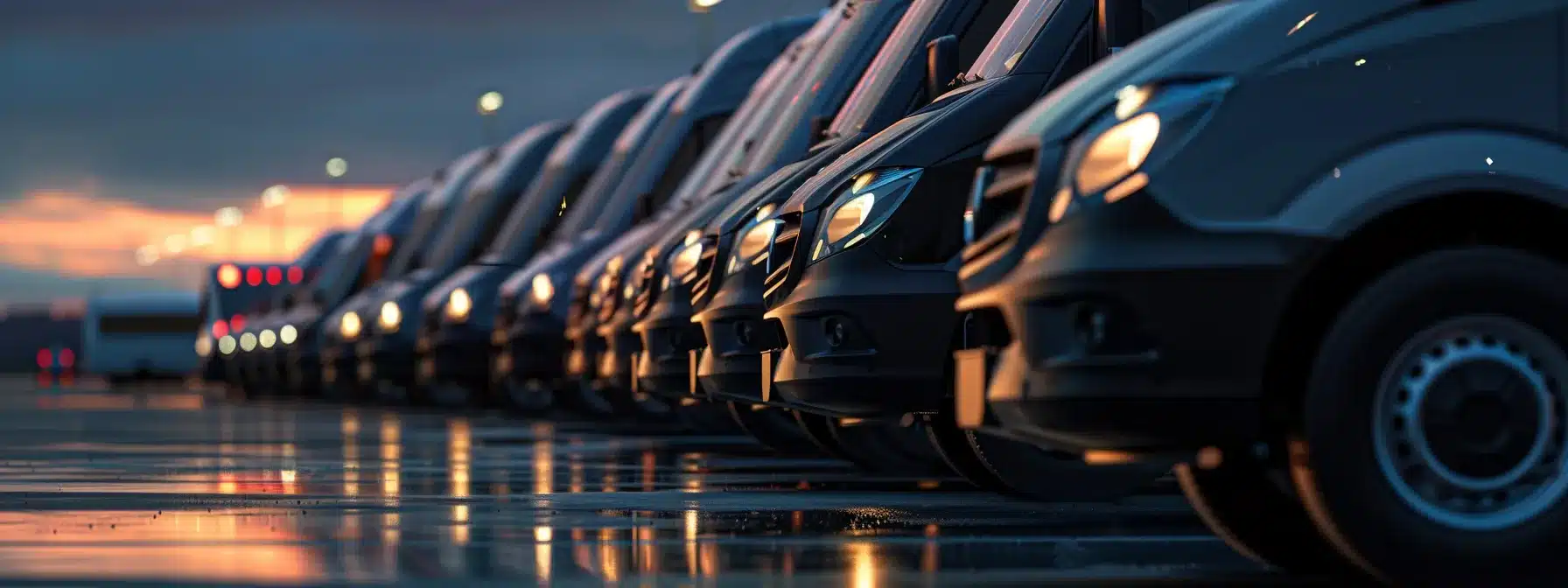 a line of sleek, modern vans lined up at the airport, ready to transport groups of travelers to their destinations with efficiency and comfort.