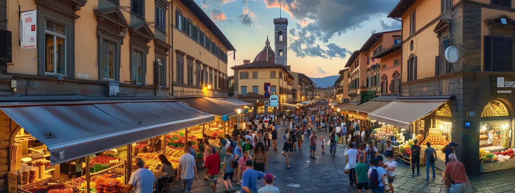 a vibrant market scene in florence showcases an array of colorful tuscan delicacies, with a focus on street food vendors serving iconic lampredotto against a backdrop of lively shoppers engaging in culinary exploration.