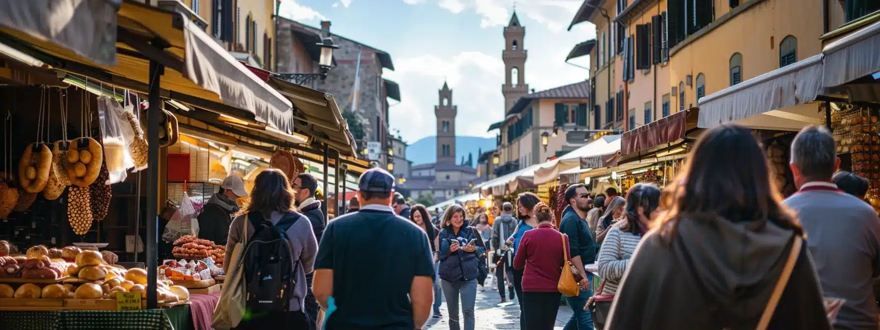 an inviting, bustling food tour scene in florence captures a diverse group of travelers sampling local delicacies at a lively outdoor market, with vibrant stalls showcasing meat dishes and dough treats, all set against the historic backdrop of the basilica of fiesole.