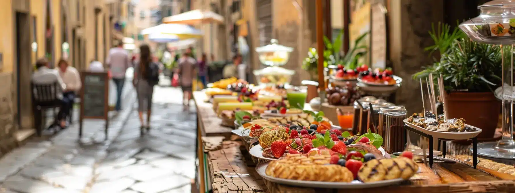 a vibrant food tour setup in a bustling florentine street, featuring an array of beautifully presented local delicacies and beverages displayed on rustic wooden tables, inviting participants to savor both sweet gelato and savory snacks while engaged in lively conversation.