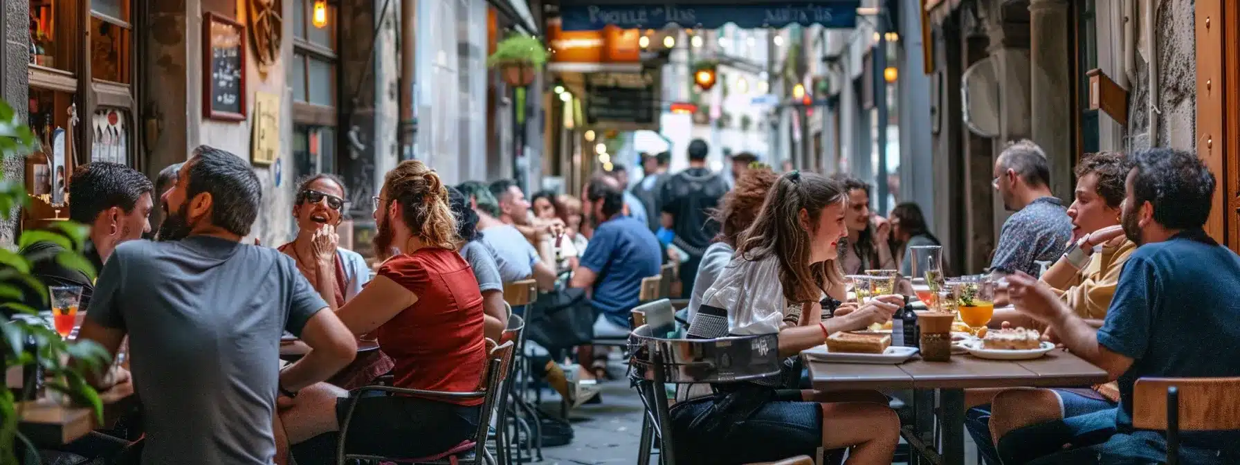 a vibrant street scene in florence's oltrarno district captures enthusiastic food tour attendees savoring delicacies like ricotta and dough specialties at lively outdoor café tables, with historic architecture enhancing the culinary experience.