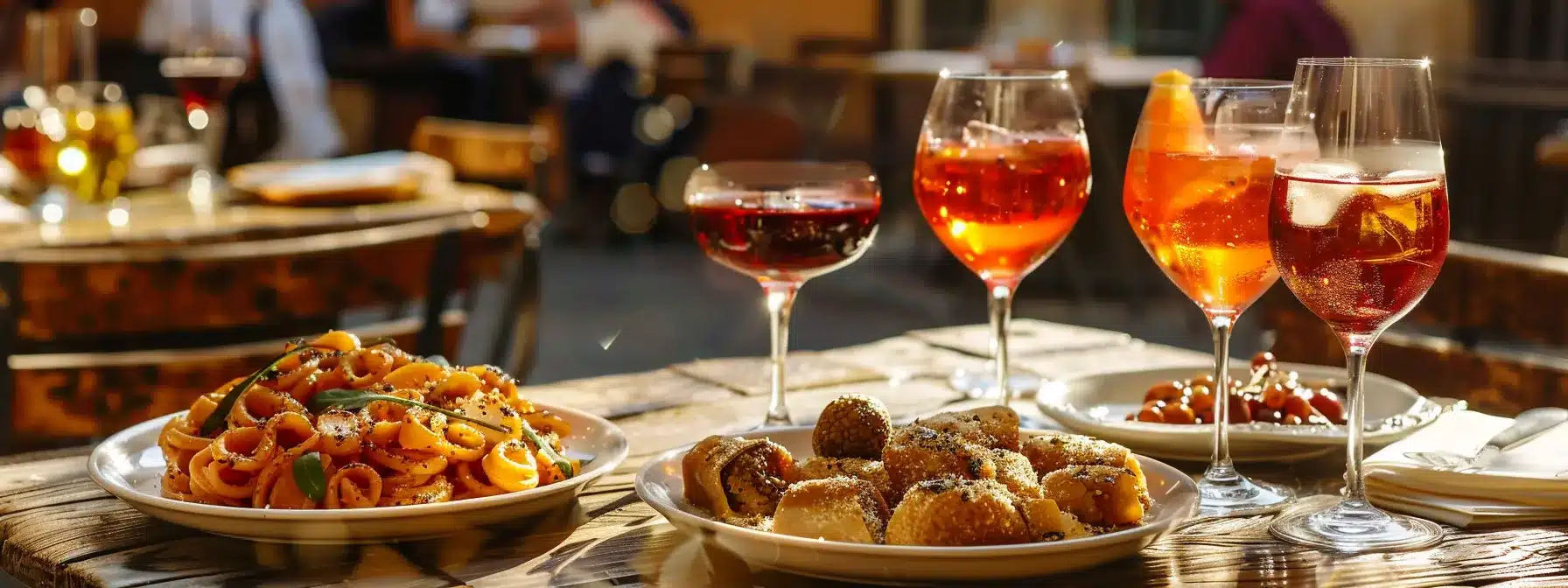 a vibrant urban food tour scene showcases an elegantly arranged table filled with truffle-infused pasta, glasses of deep red chianti wine, and refreshing spritz cocktails, all set against a backdrop of lively street cafés near san miniato al monte, reflecting a rich culinary experience in florence.