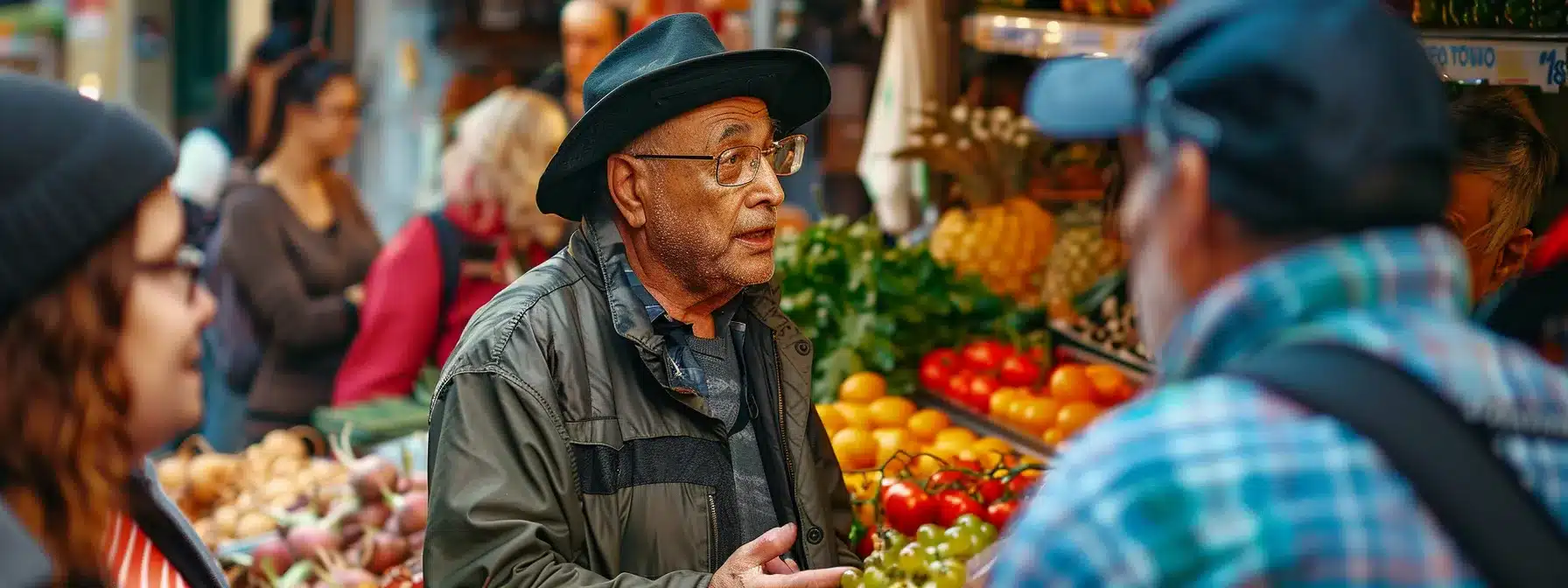 a charismatic food tour guide passionately narrates the rich culinary history of florence to an engaged group of diverse participants gathered around a vibrant outdoor market stall filled with local delicacies.