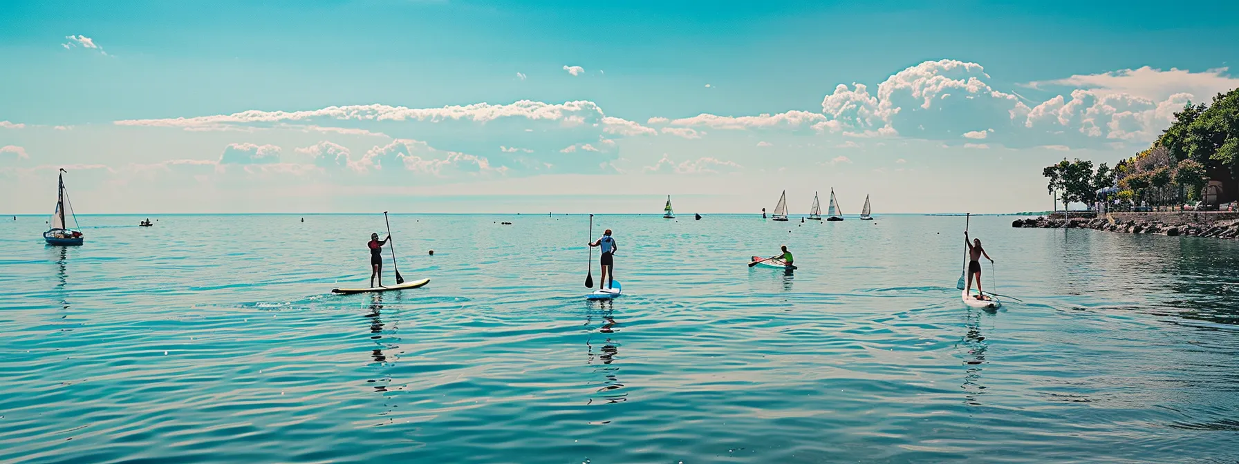a group of adventurous individuals paddleboarding on the tranquil waters of lake erie, with a backdrop of sailboats and kayaks, showcasing the vibrant water sports scene.