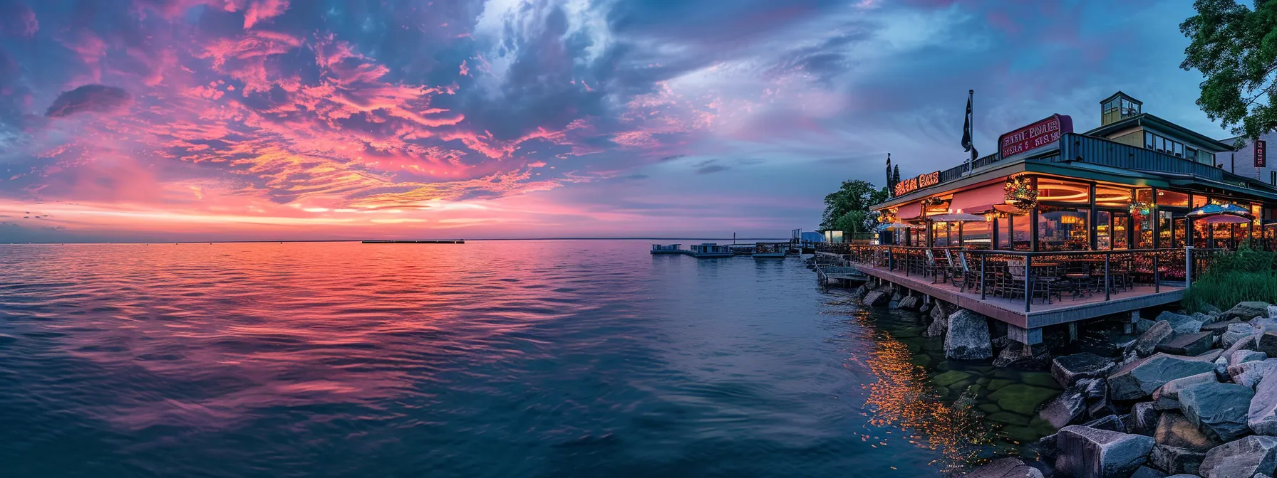 a lakeside restaurant with outdoor seating overlooking the calm waters of lake erie, with a colorful sunset painting the sky in the background.