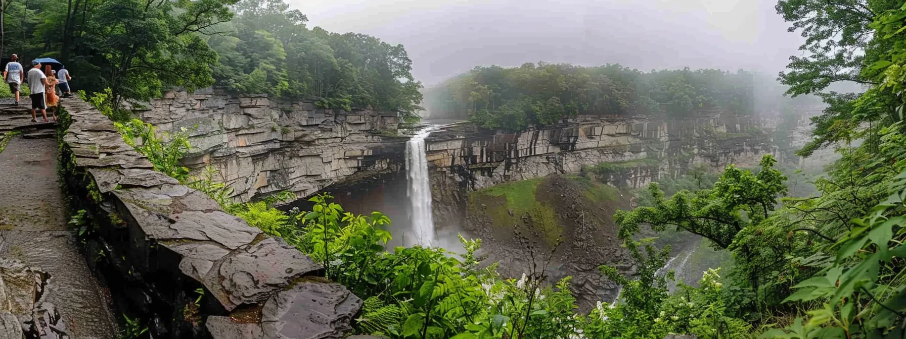 a breathtaking view of brandywine falls cascading down a rocky cliff, surrounded by lush greenery and mist, with visitors in the background admiring the natural wonder.
