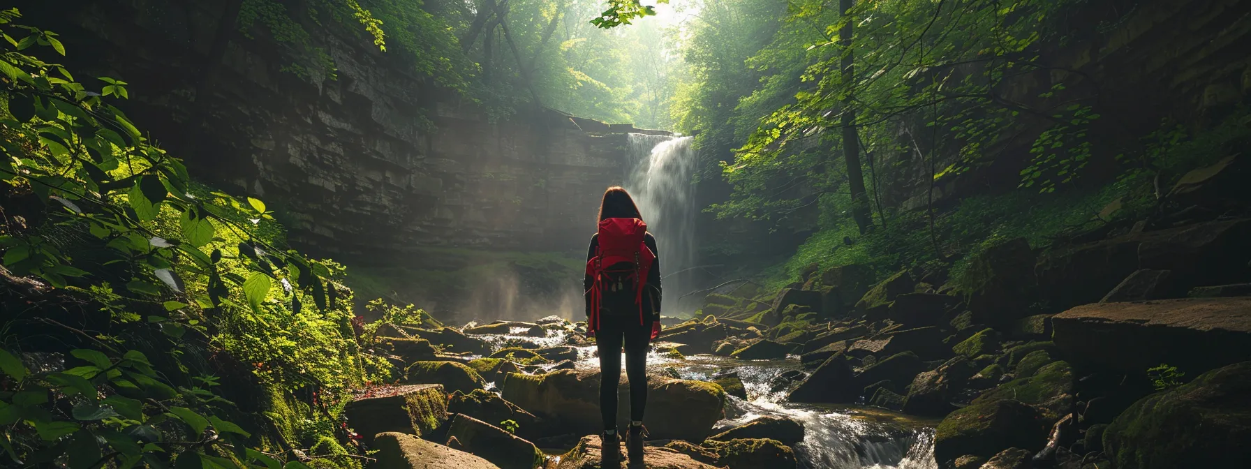 a hiker stands in awe at the base of a majestic waterfall surrounded by lush greenery on the brandywine gorge trail in cuyahoga valley national park.