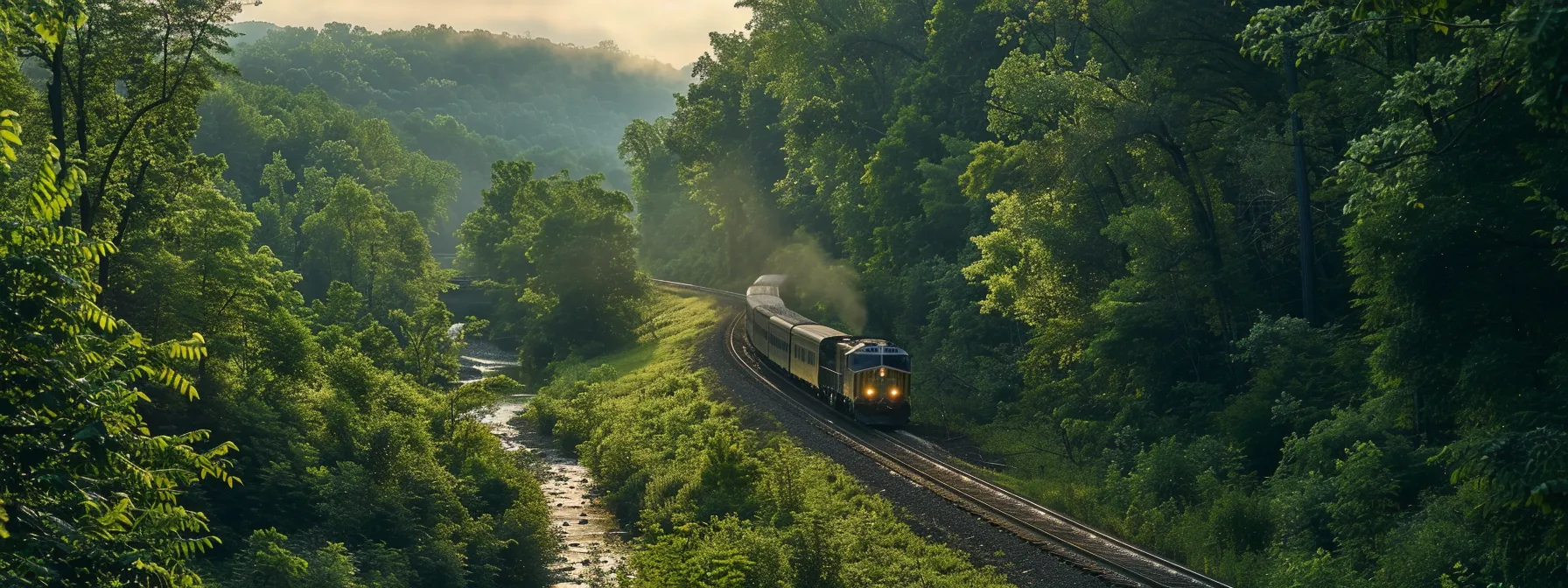 a vintage train chugging through lush green forests and winding rivers in cuyahoga valley national park.