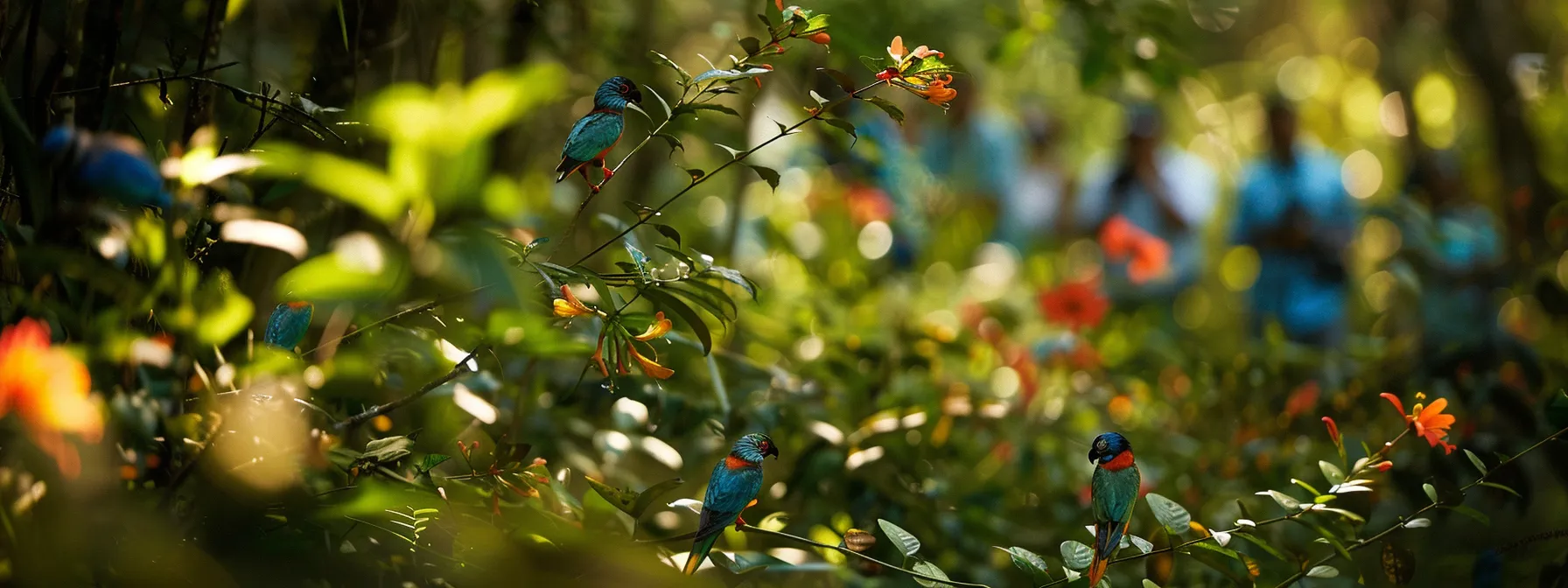 in a lush forest clearing, a vibrant array of colorful birds flit among blooming wildflowers, as a group of nature enthusiasts quietly observe with binoculars in hand.